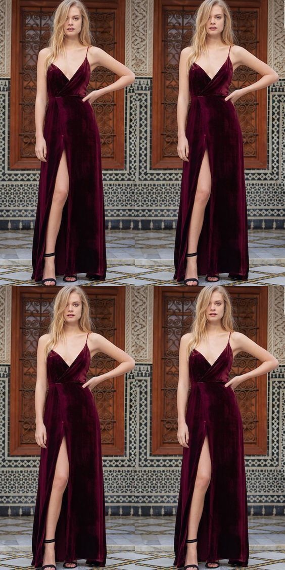 Sexy A Line Spaghetti Straps Backless High Slit Burgundy Velvet Prom/Evening Dress cg1080
