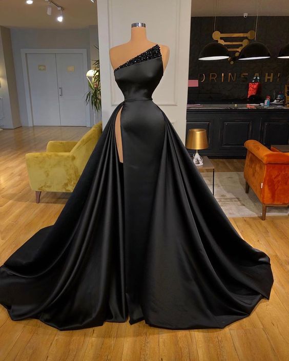 Black Satin Long Prom Dresses,long Formal Dresses   cg10800