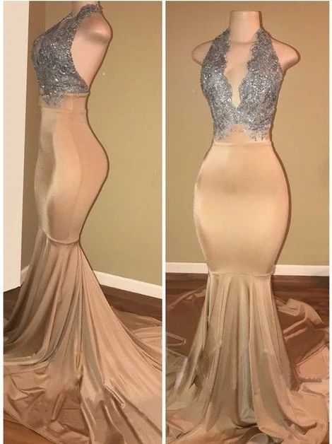 halter prom dresses Sleeveless Mermaid Lace Prom Dress    cg10804