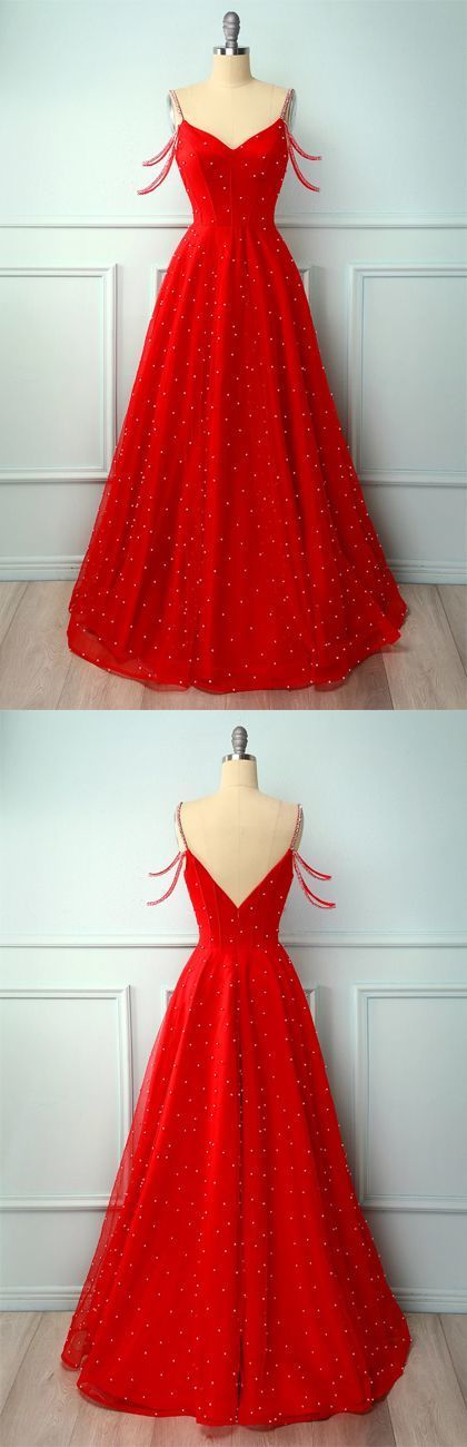 Red A Line Spaghetti Straps Beaded Long Prom Party Dress   cg10809