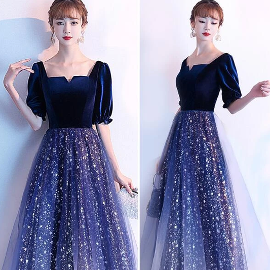 Navy Blue Shiny Tulle And Velvet Long Bridesmaid Dress, Wedding Party prom Dress   cg10818
