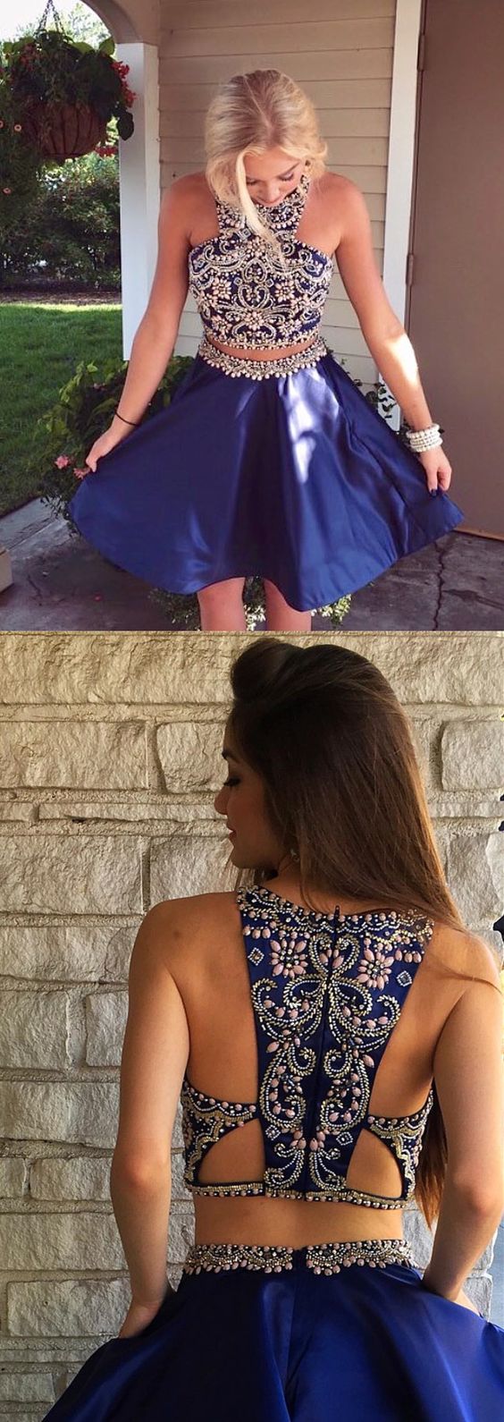 Two Piece Short Navy Blue Dresses Homecoming Dresses, Beaded Short homecoming Dresses Dancing Dresses  cg1082