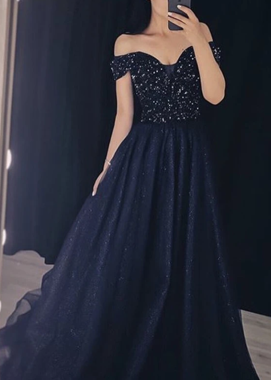 Blue tulle sequins long prom gown formal dress   cg10843