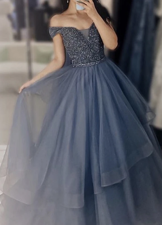 Gray tulle beads long ball dress formal dress prom gown formal dress   cg10844