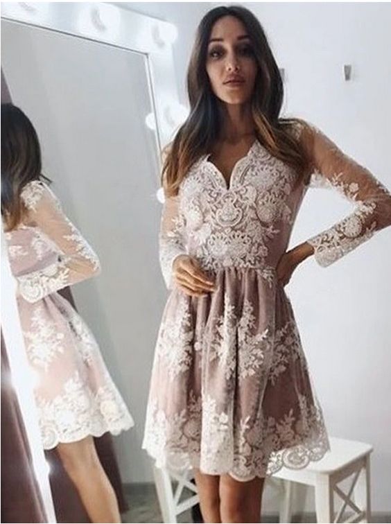 Modest Long Sleeve Short Homecoming Dress, Lace Graduation Dress   cg10858