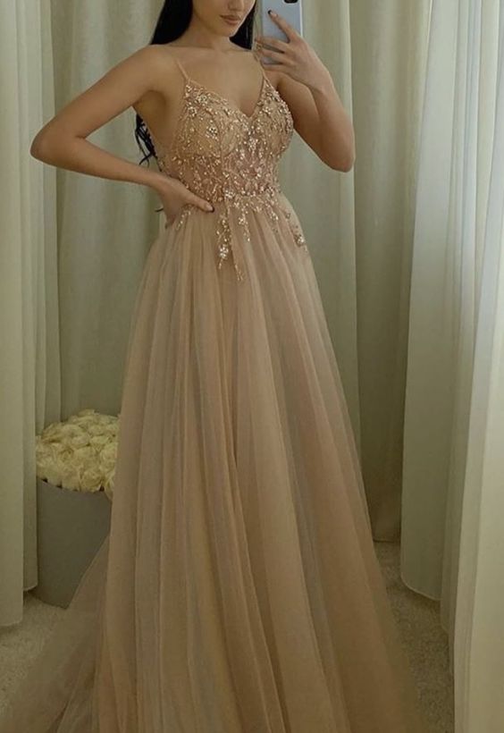 elegant champagne tulle prom dresses embroidery beaded v neck   cg10869