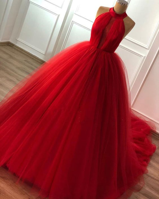 elegant red tulle halter prom ball gown dresses   cg10892