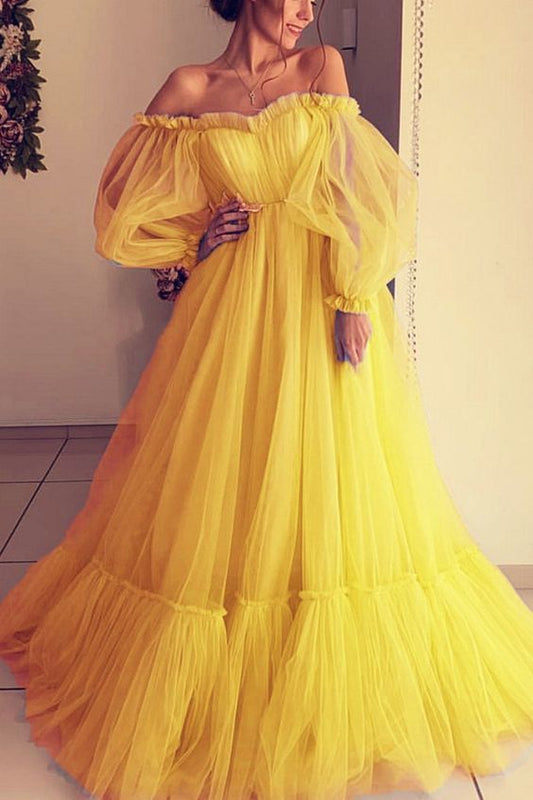 yellow tulle prom dresses long sleeves off shoulder   cg10899
