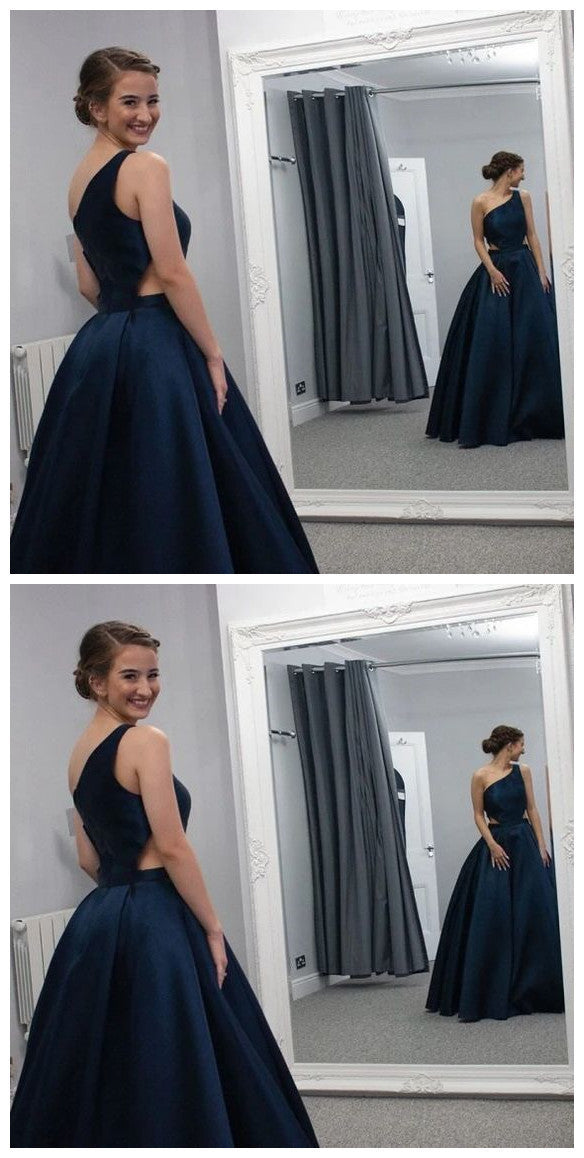 A Line Sleeves Cut Out Floor Length Dark Blue Prom Dress   cg10905