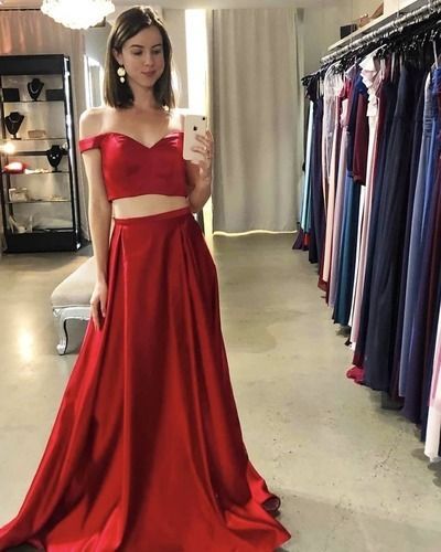 Sexy Off the Shoulder Red Two Piece Prom Dress, Long Evening Dress    cg10921