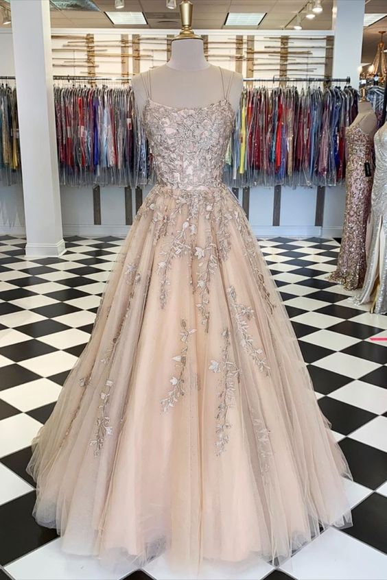 gold A-line tulle and lace appliques long prom dress   cg10926