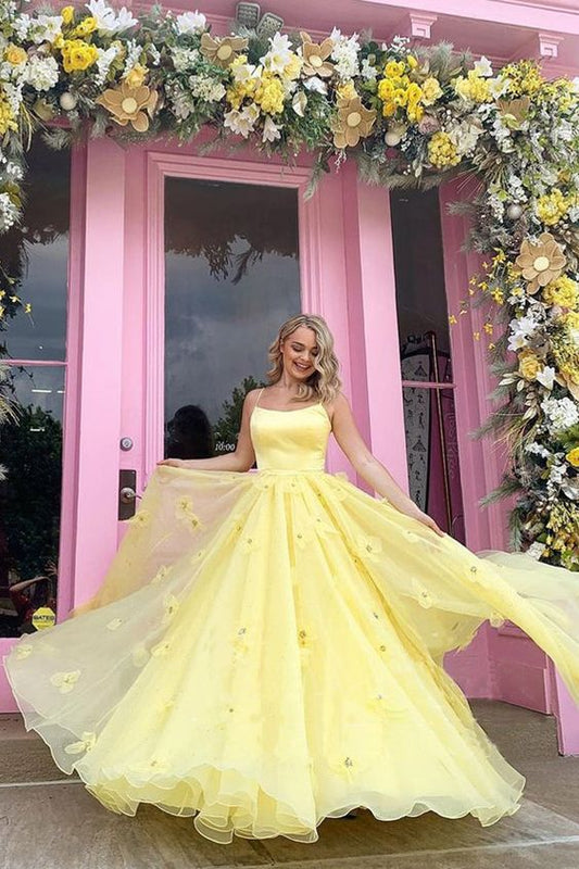 Straps Tulle Bodice 3D Flowers With Back Lace Up Yellow Long Prom Dress   cg10929