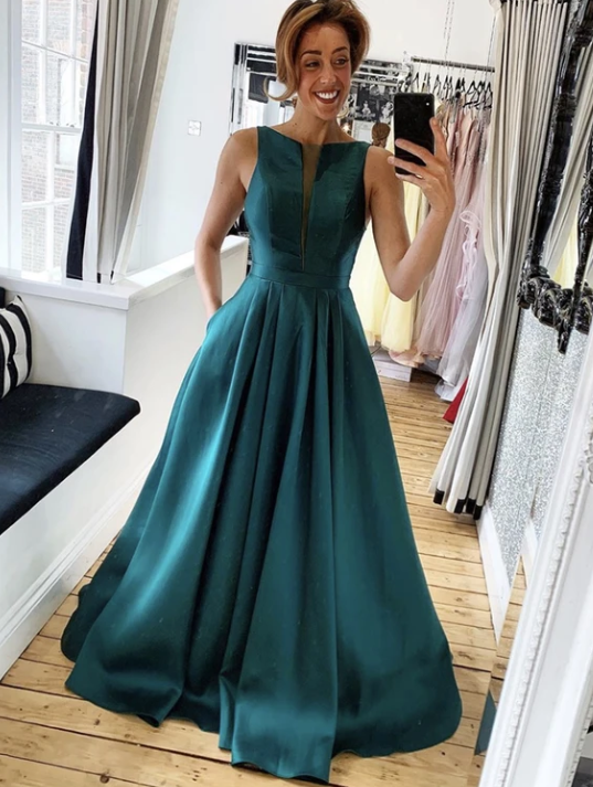 Green satin long prom dress evening dress   cg10942