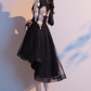 Black Tulle High Low Dress With Lace Applique, Short Wedding Party prom Dress   cg10943