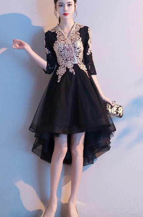 Black Tulle High Low Dress With Lace Applique, Short Wedding Party prom Dress   cg10943