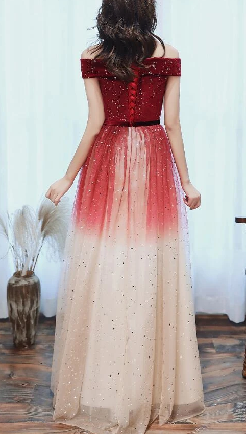 Off Shoulder Red Tulle Long Gradient Formal Dress, New Prom Dress Wedding Party Dress   cg10944