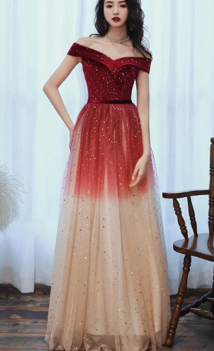 Off Shoulder Red Tulle Long Gradient Formal Dress, New Prom Dress Wedding Party Dress   cg10944