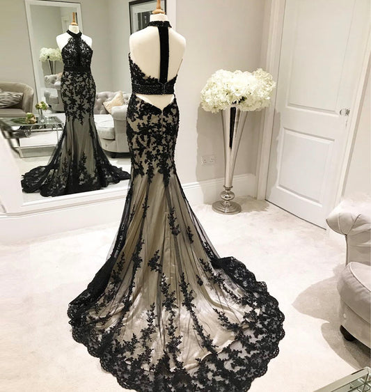 BLACK LACE LONG PROM DRESS BLACK EVENING DRESS   cg10951