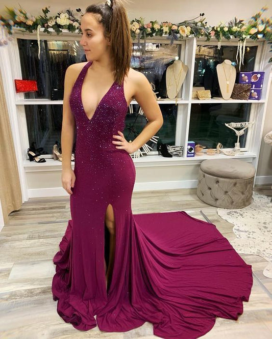 Gorgeous V Neck Mermaid Maroon Long Prom Dress with Train    cg10971