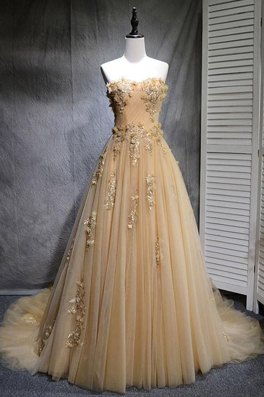 Beautiful Champagne Tulle Party Dress, Long Handmade Prom Gowns    cg10972