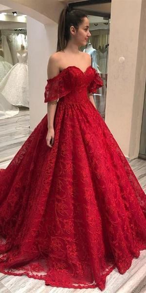 Off Shoulder Long A-line Red Lace Prom Dresses, Formal Dresses    cg10981