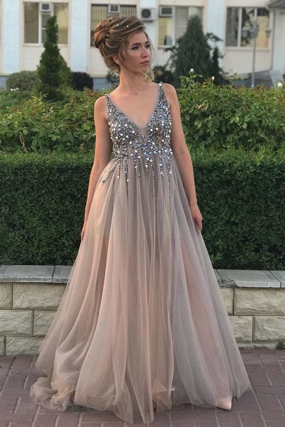 grey A-line tulle and v neck sequins long formal dress evening dress  Prom Dress   cg10989