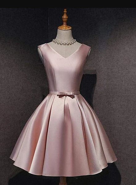 Lovely Dark Pink Short Satin V-neckline Party Dress, Pink Homecoming Dress   cg10994
