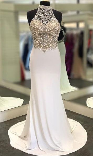 High Neck Sheath Long Prom Dresses With Beaded   cg10996