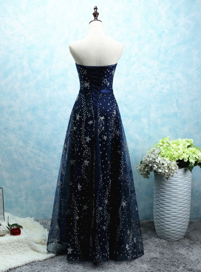 A Line Long Tulle Strapless Prom Dress With Star Sequins   cg11000