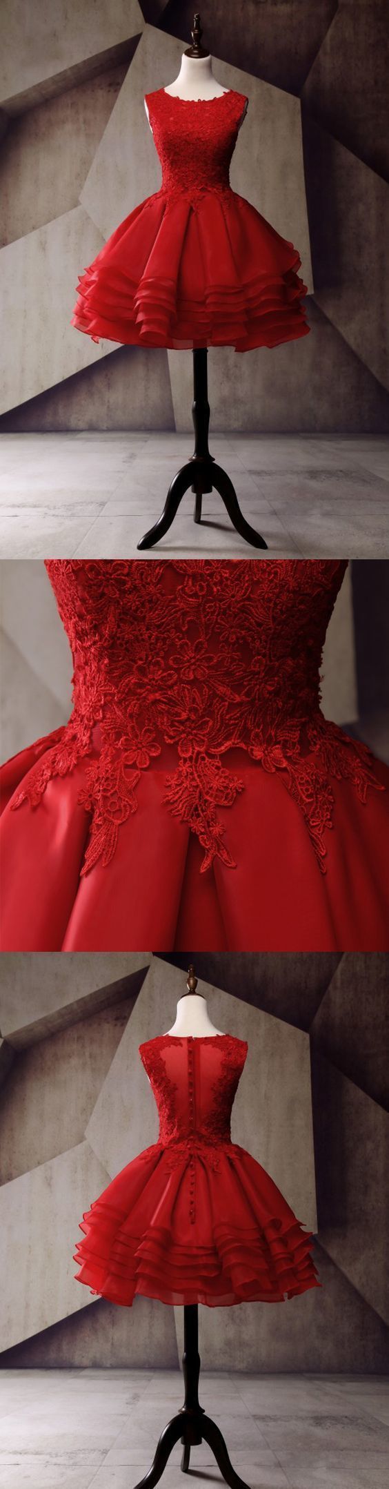 Lace Homecoming Dress, Applique Junior School Dress, Red Graduation Dress cg1101