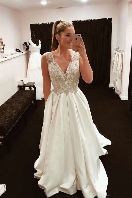 Elegant A-line V Neck Ivory Satin Long Party Dress Prom Dress    cg11010
