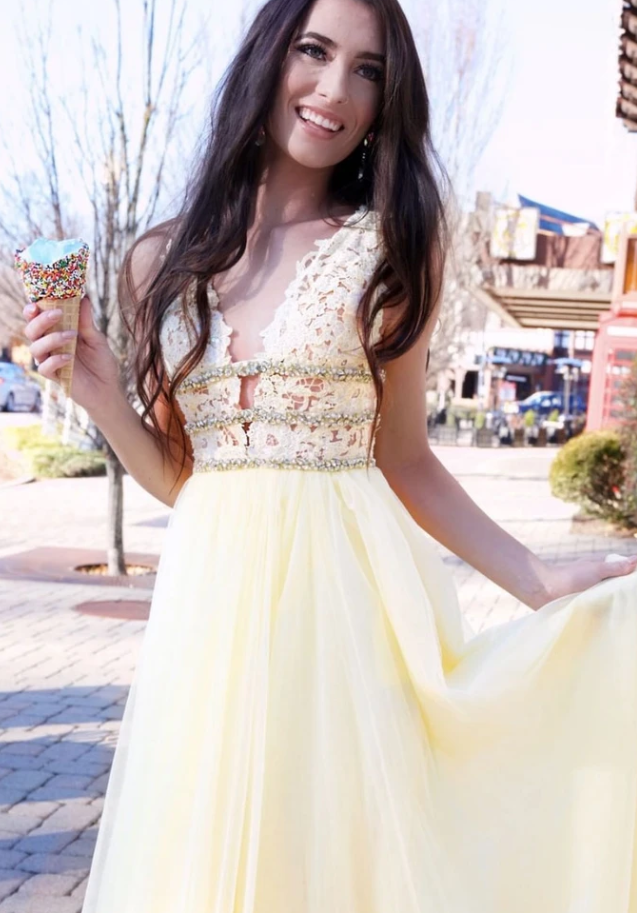YELLOW V NECK TULLE LACE LONG PROM DRESS YELLOW FORMAL DRESS    cg11018