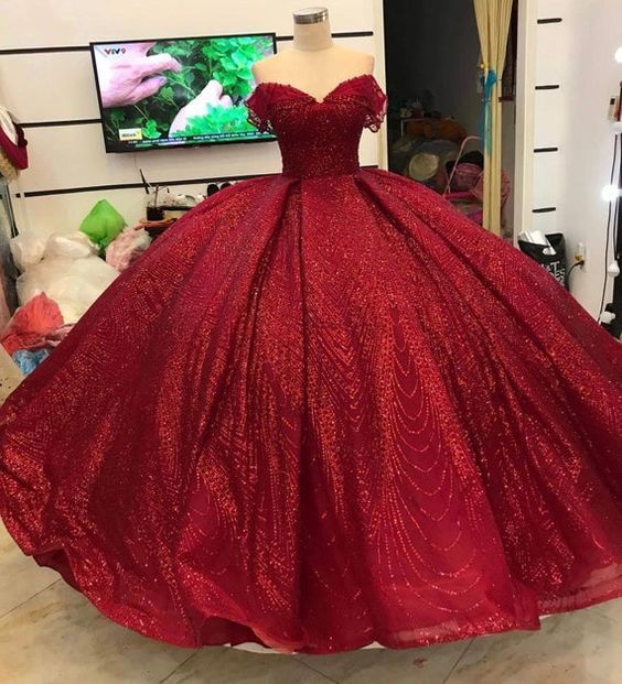 Off The Shoulder Red Ballgown Glitter Prom Dresses   cg11031