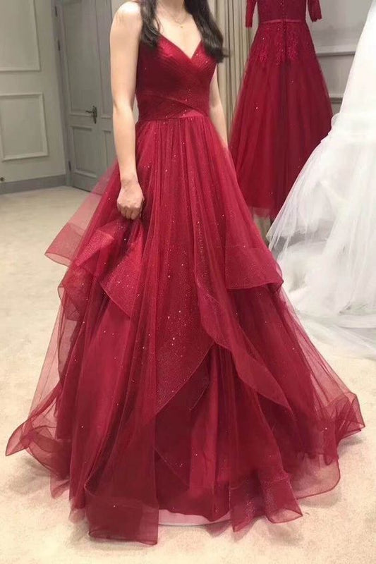 Pleated V-neckline Tulle Prom Dress with Horsehair Layered Skirt    cg11032