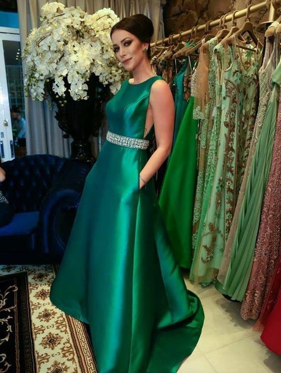 Green Long Prom Dress With Belt Beading   cg11033