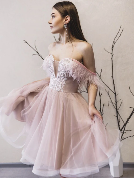 Pink tulle off shoulder dress party dress homecoming dress   cg11042