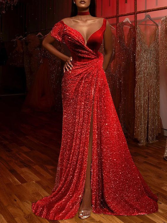 Fashionable Pure Color V-neck Sequin Dress prom GOWN DRESS   cg11049