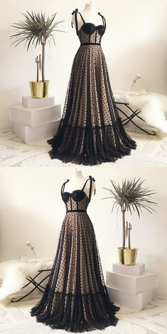 Vintage Polka Dots Spaghetti Straps Black Long Prom Dress   cg11059