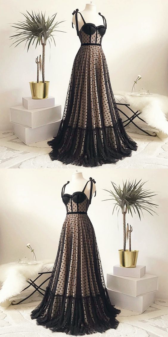 Vintage Polka Dots Spaghetti Straps Black Long Prom Dress   cg11059