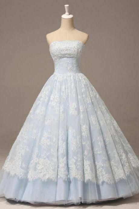 Light Blue Organza Lace Sweetheart A-line Long prom Dress,princess Ball Gown Dress   cg11063