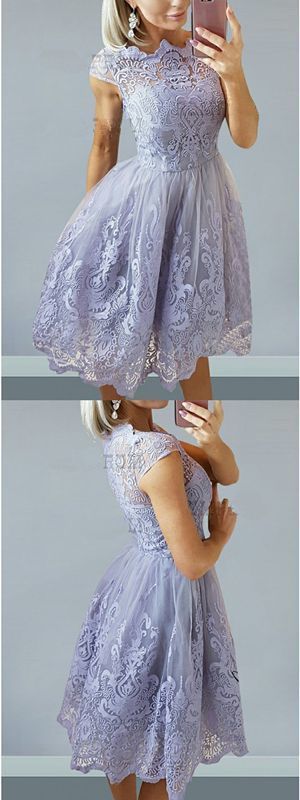 A-Line Bateau Cap Sleeves Lilac Homecoming Dress with Appliques cg1107