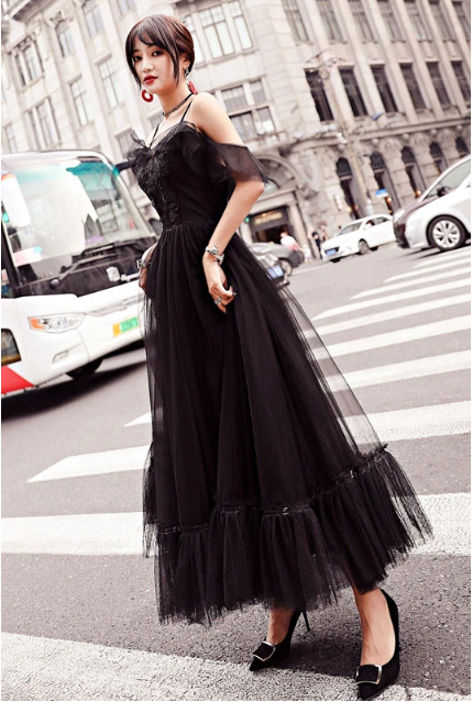 Black tulle lace tea length prom dress, lace tulle evening dress   cg11072