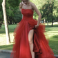Burgundy tulle long prom dress evening dress   cg11075