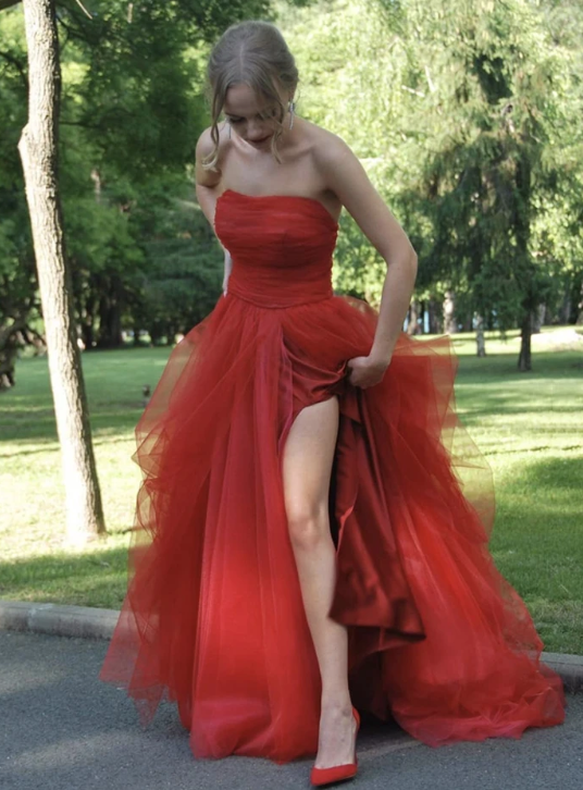 Burgundy tulle long prom dress evening dress   cg11075