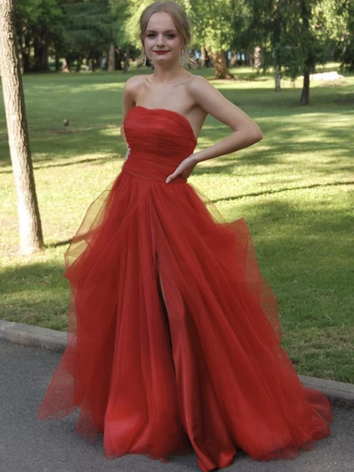 Burgundy tulle long prom dress evening dress   cg11075