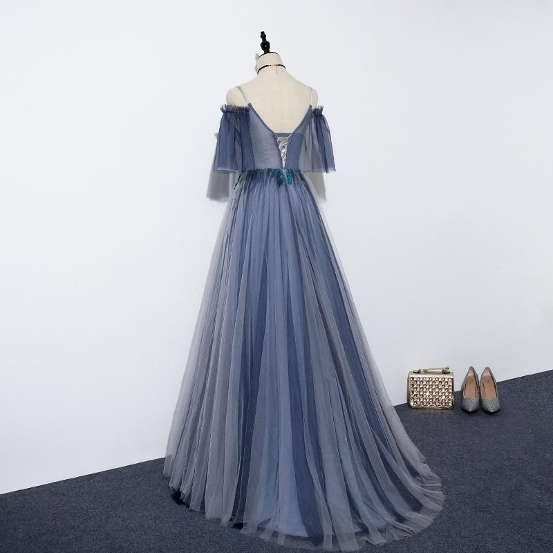 Blue Tulle Straps V-Neckline Long Formal Dress, Long Party prom Dress 2020   cg11078