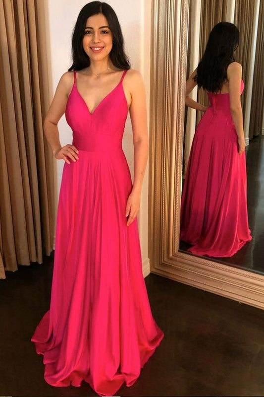 SIMPLE V NECK PINK LONG PROM DRESS PINK FORMAL DRESS    cg11081