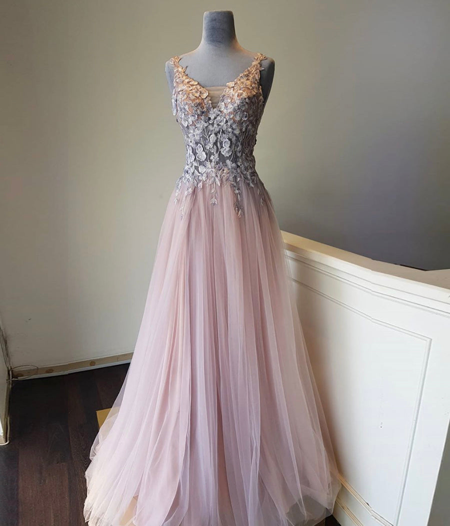 PINK V NECK LACE TULLE LONG PROM DRESS   cg11082