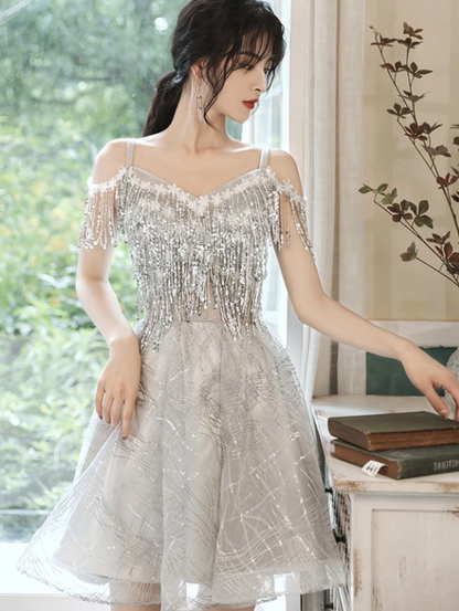 Gray tulle sequins short dress party dress homecoming dresses  cg11108