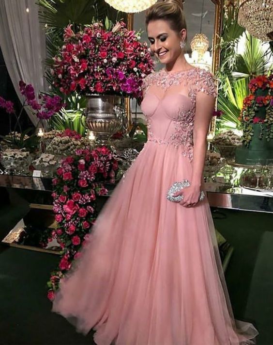Pink Tulle Prom Dress, Beaded Women Floor Length Dress    cg11129